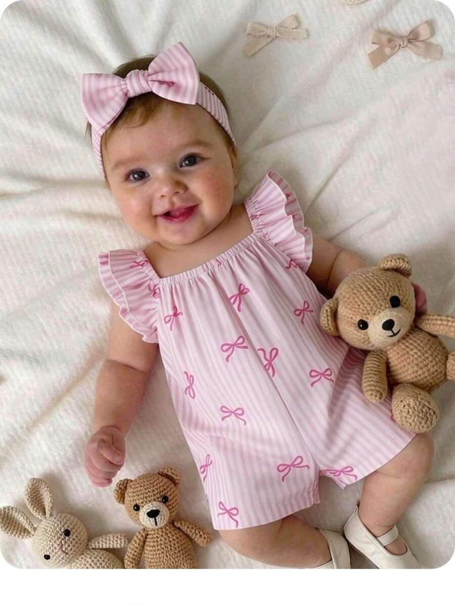 Baby Pink and White Striped Bow Romper for Cute Summer Daily Wear