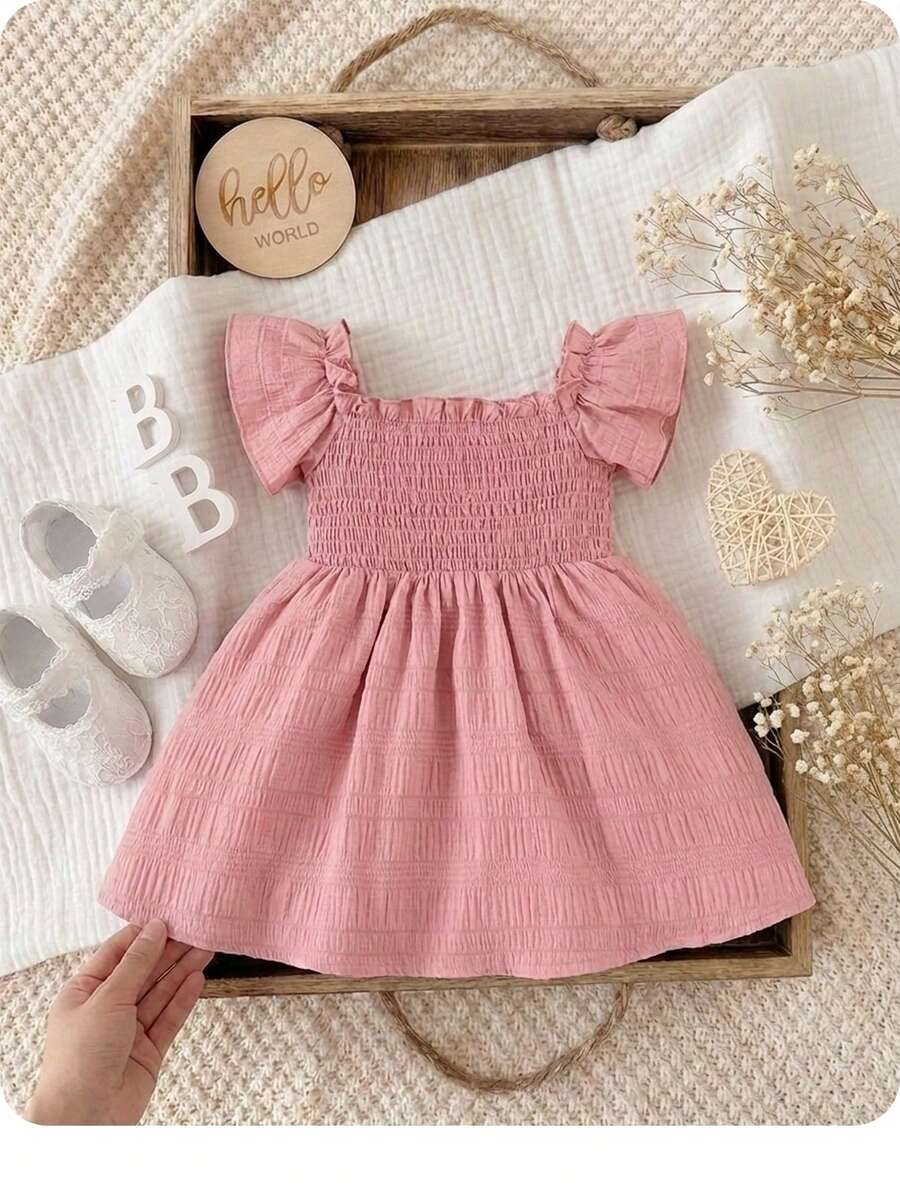 Baby Girl Butterfly Sleeve Square Neck Dress Cute Summer Casual Outfit