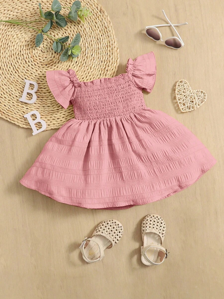 Baby Girl Butterfly Sleeve Square Neck Dress Cute Summer Casual Outfit