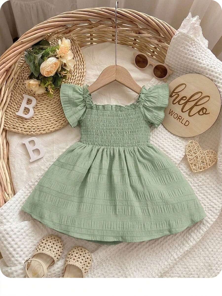 Baby Girl Butterfly Sleeve Square Neck Dress Cute Summer Casual Outfit