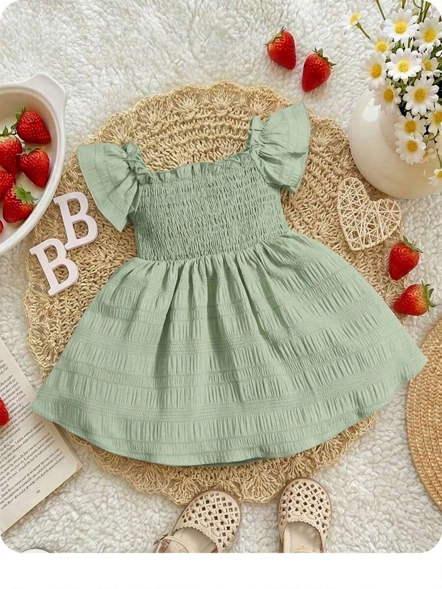 Baby Girl Butterfly Sleeve Square Neck Dress Cute Summer Casual Outfit