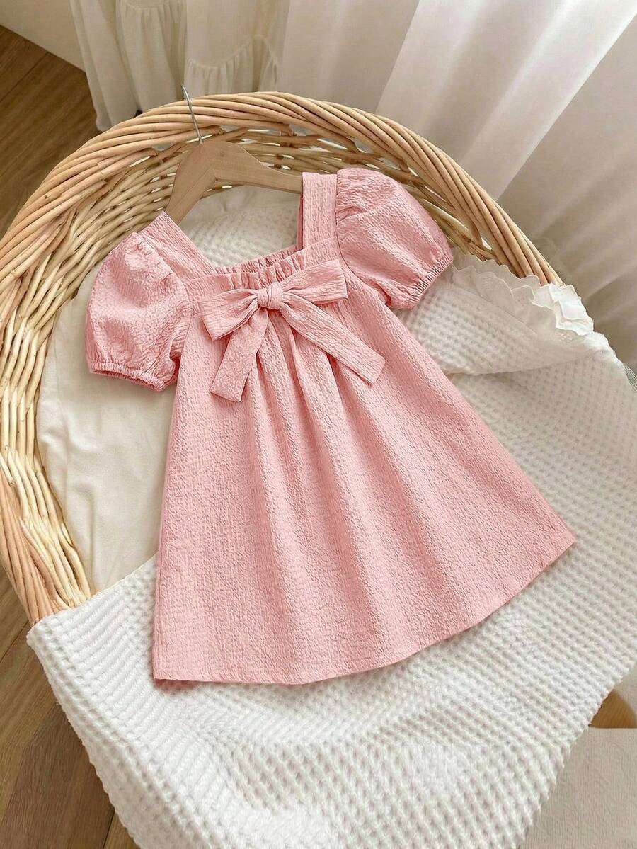Green Plaid Short Sleeve Dress for Baby Girls - Cute Bow Accent Summer Outfit