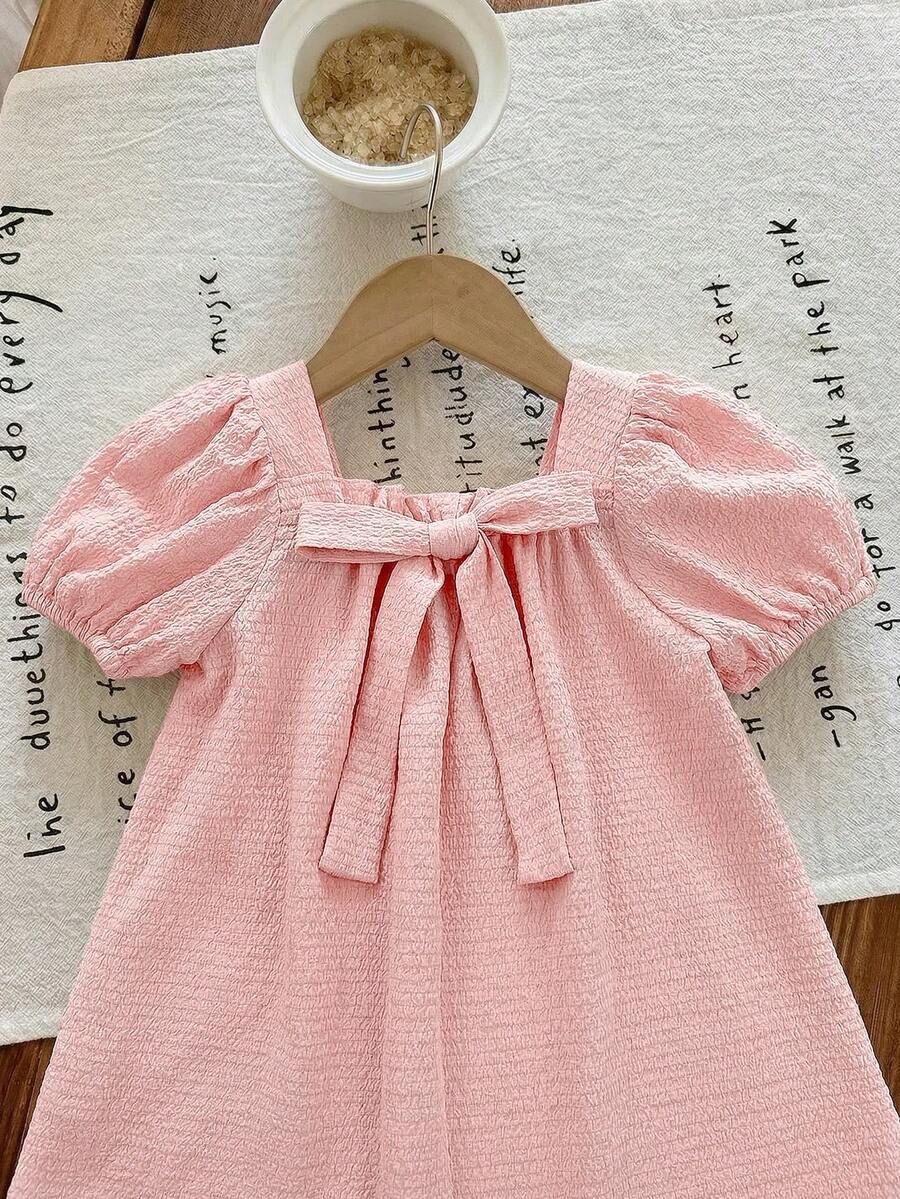Baby Girl Plaid Bow Detail Short Sleeve Dress Cute Summer Vacation Outfit