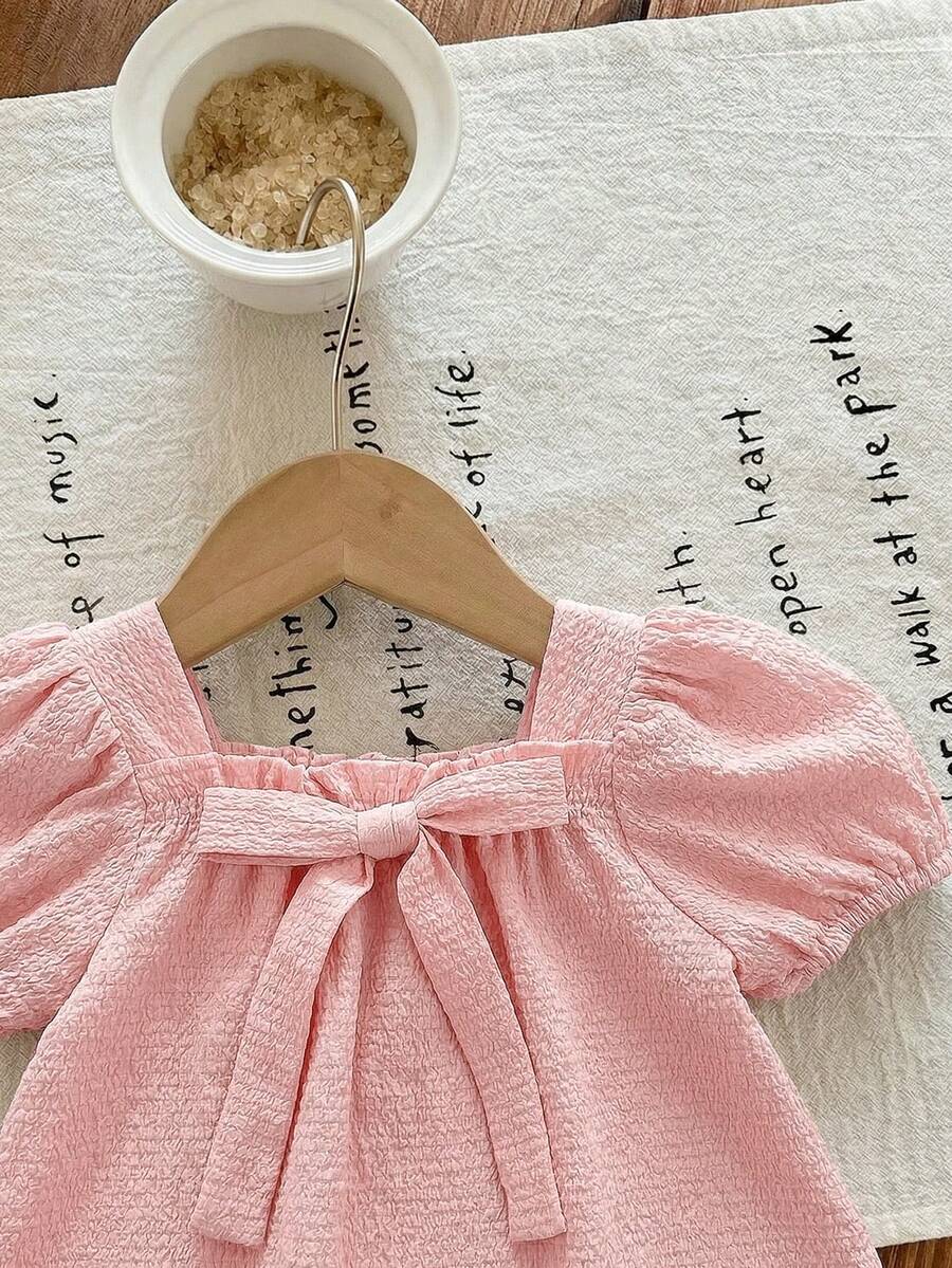 Baby Girl Plaid Bow Detail Short Sleeve Dress Cute Summer Vacation Outfit