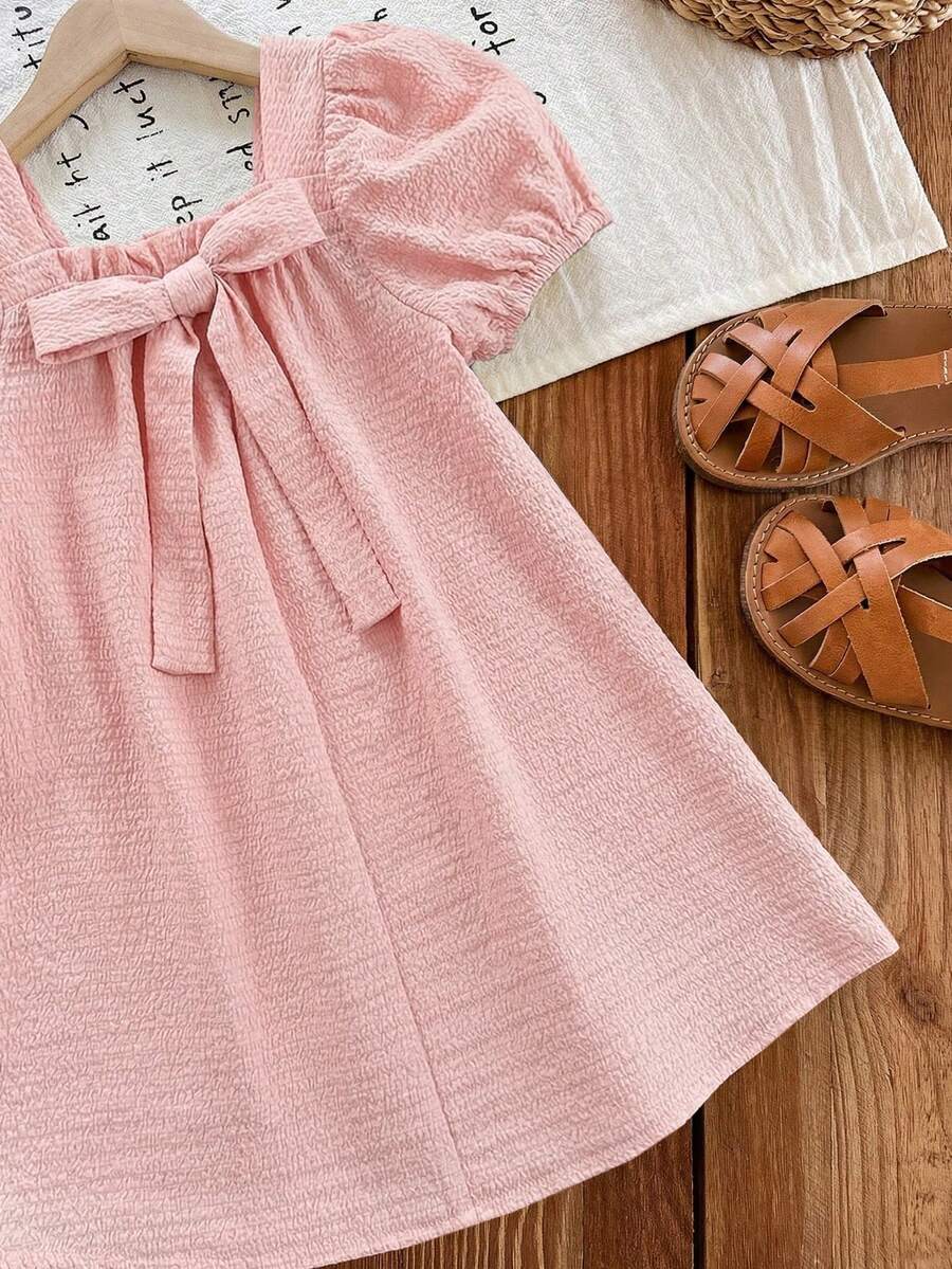 Green Plaid Short Sleeve Dress for Baby Girls - Cute Bow Accent Summer Outfit
