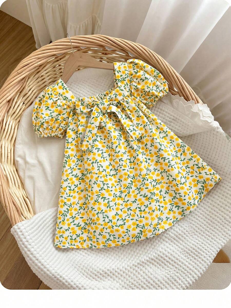 Baby Girl Plaid Bow Detail Short Sleeve Dress Cute Summer Vacation Outfit