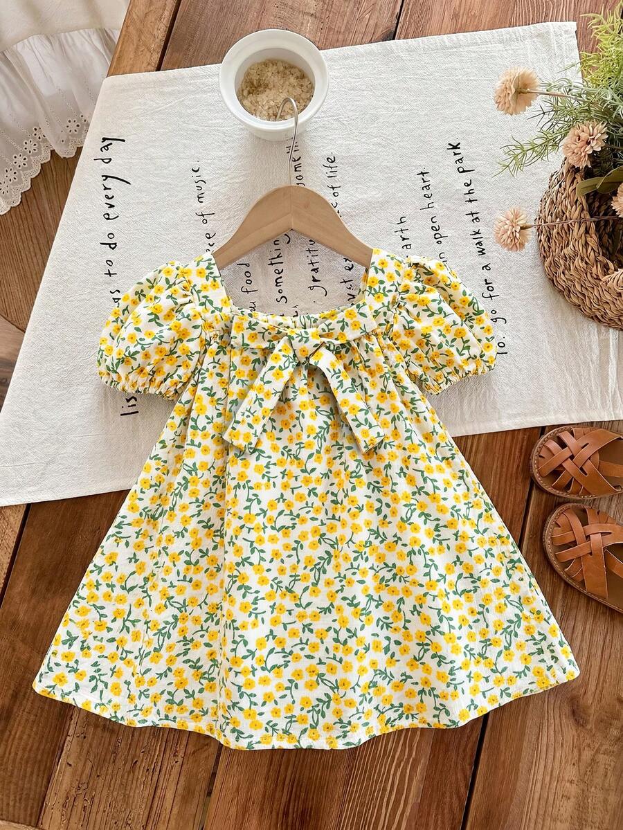 Baby Girl Plaid Bow Detail Short Sleeve Dress Cute Summer Vacation Outfit