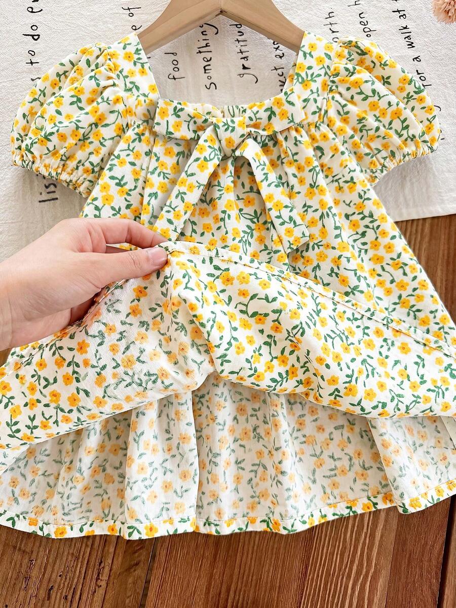 Baby Girl Plaid Bow Detail Short Sleeve Dress Cute Summer Vacation Outfit