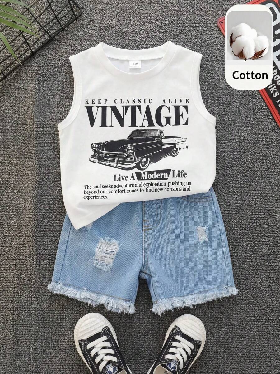 Baby Boy Car Graphic Tank Top and Denim Shorts 2 Piece Casual Summer Outfit Set