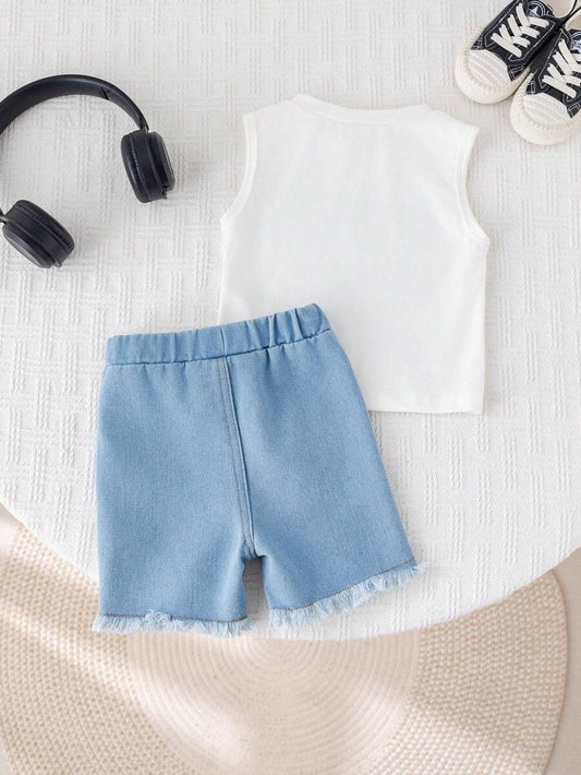 Baby Boy Car Graphic Tank Top and Denim Shorts 2 Piece Casual Summer Outfit Set