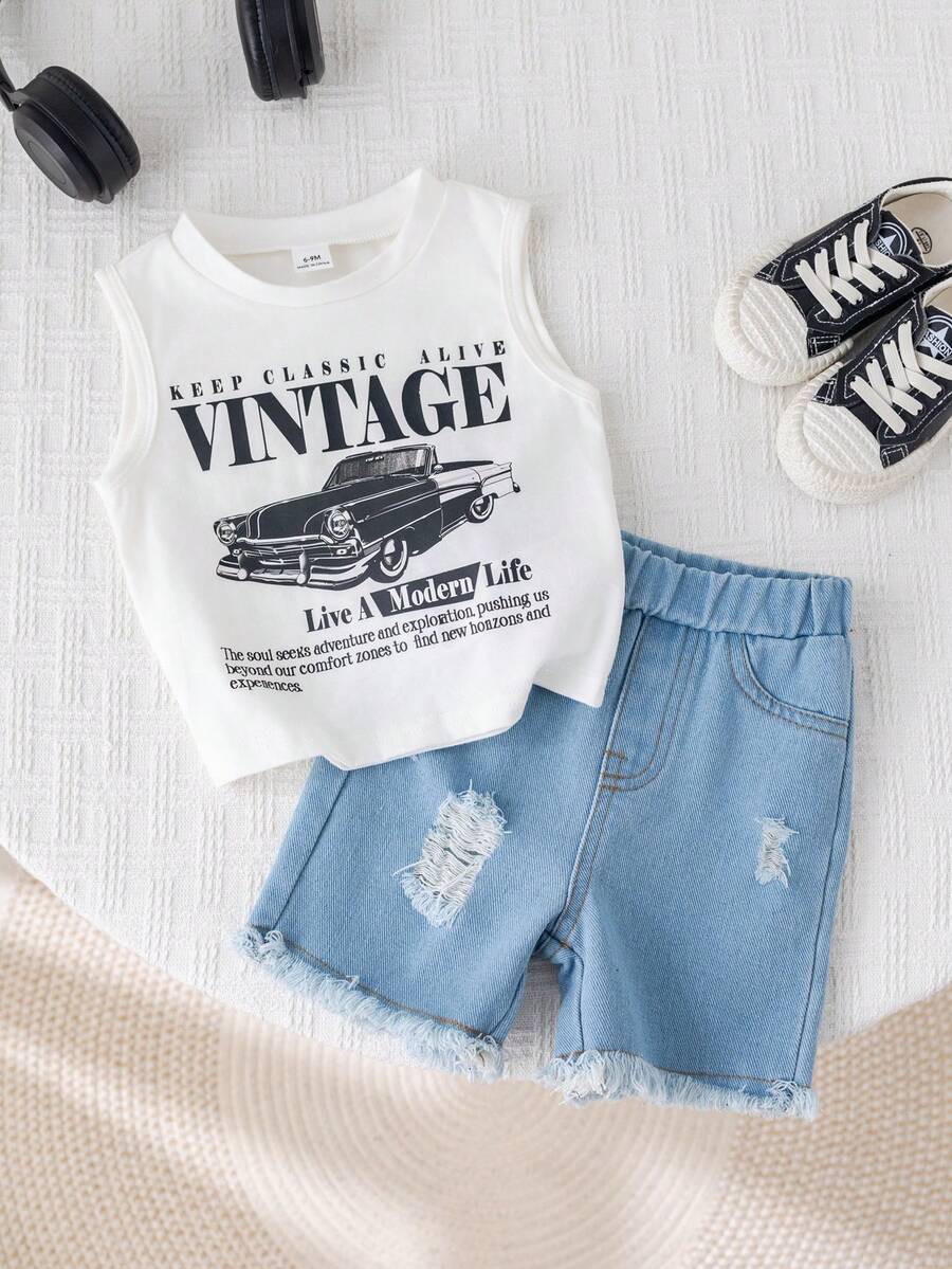 Baby Boy Car Graphic Tank Top and Denim Shorts 2 Piece Casual Summer Outfit Set
