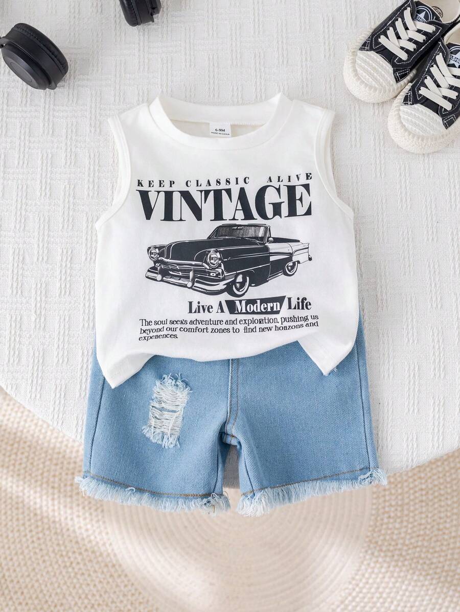 Baby Boy Car Graphic Tank Top and Denim Shorts 2 Piece Casual Summer Outfit Set