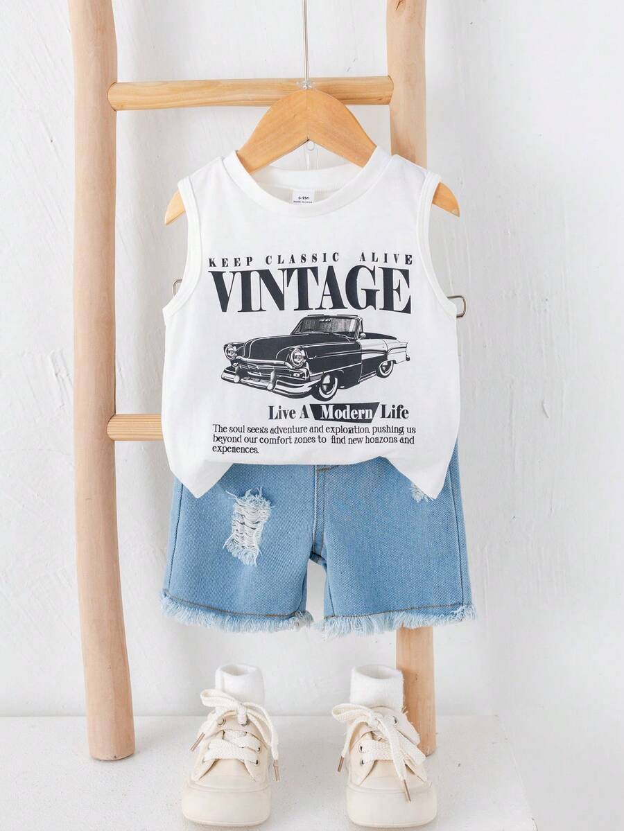 Baby Boy Car Graphic Tank Top and Denim Shorts 2 Piece Casual Summer Outfit Set