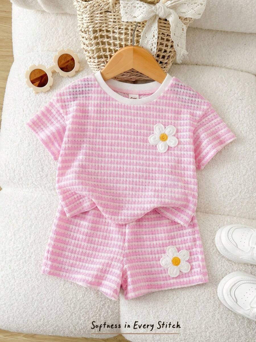 Rainbow Top And Elastic Waist Shorts Set For Toddler Girls Casual Wear