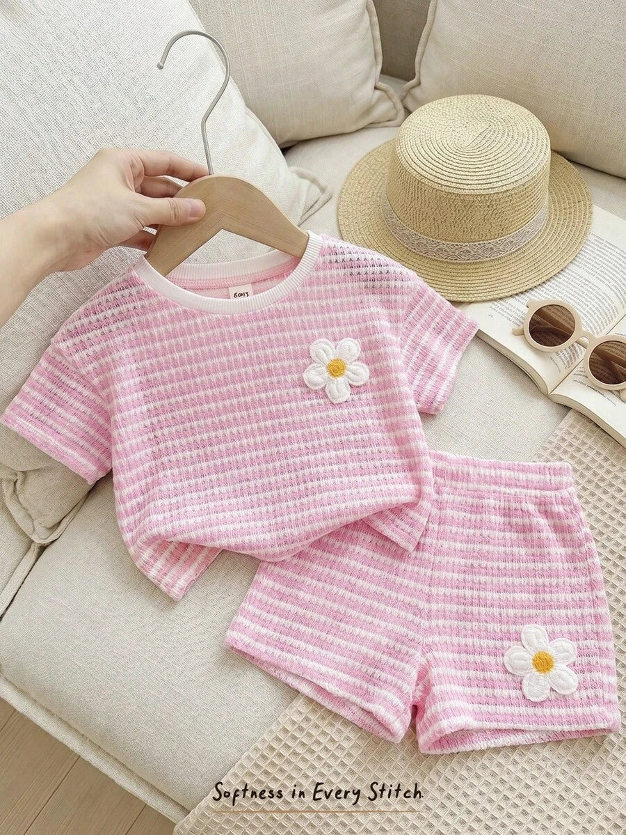Rainbow Top And Elastic Waist Shorts Set For Toddler Girls Casual Wear