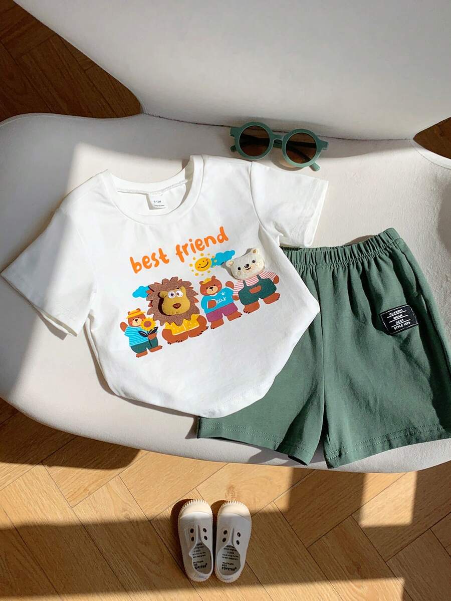 Baby Boy Animal Crayon Print T Shirt and Knitted Shorts 2 Piece Casual Spring Summer Outfit Set