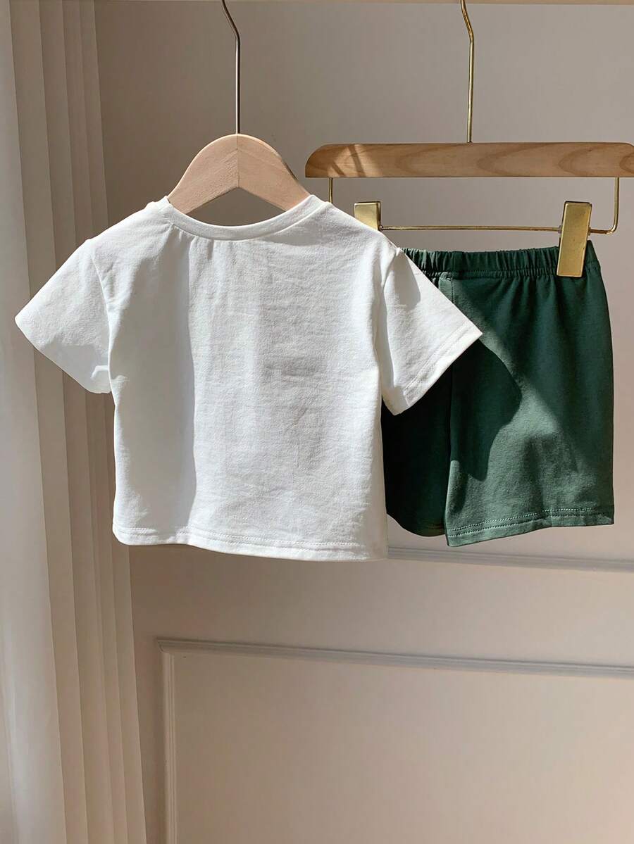 Baby Boy Animal Crayon Print T Shirt and Knitted Shorts 2 Piece Casual Spring Summer Outfit Set