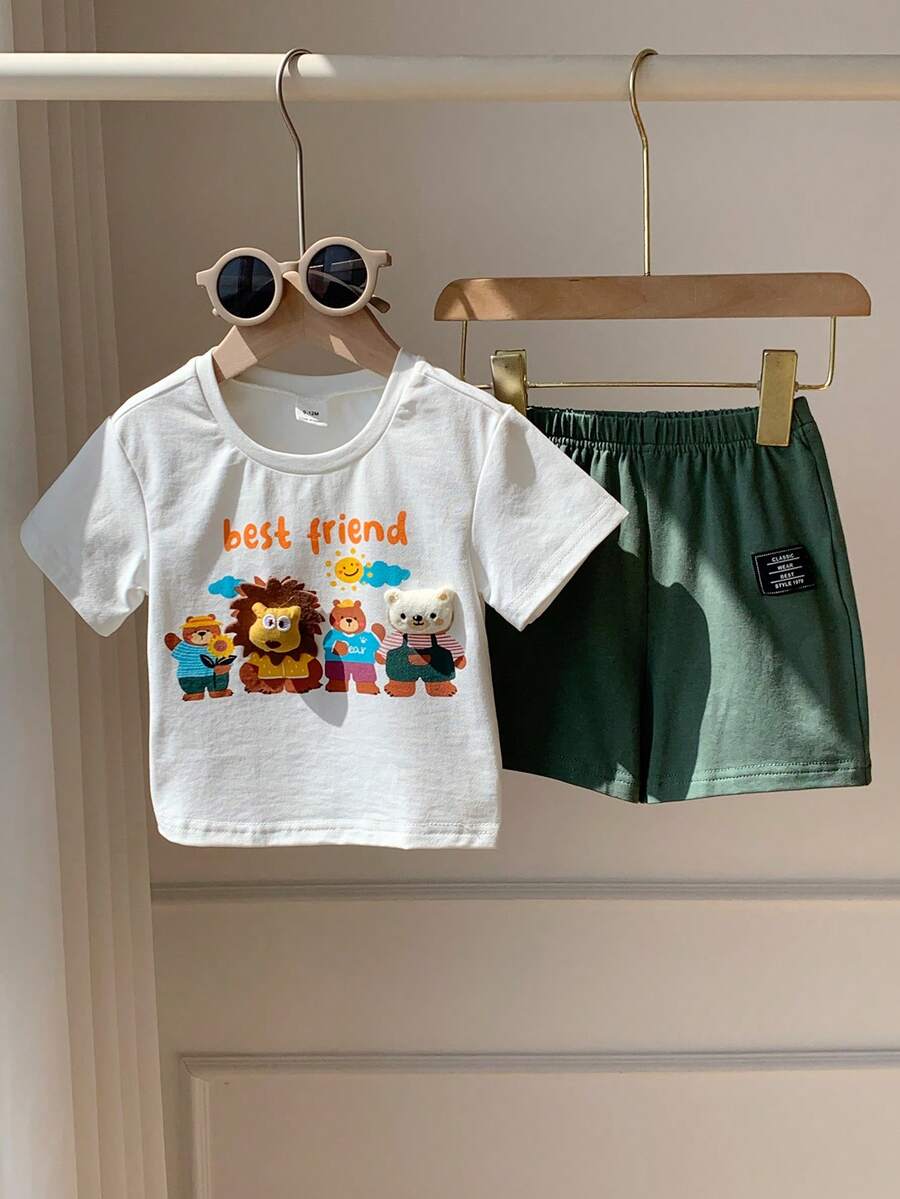 Baby Boy Animal Crayon Print T Shirt and Knitted Shorts 2 Piece Casual Spring Summer Outfit Set