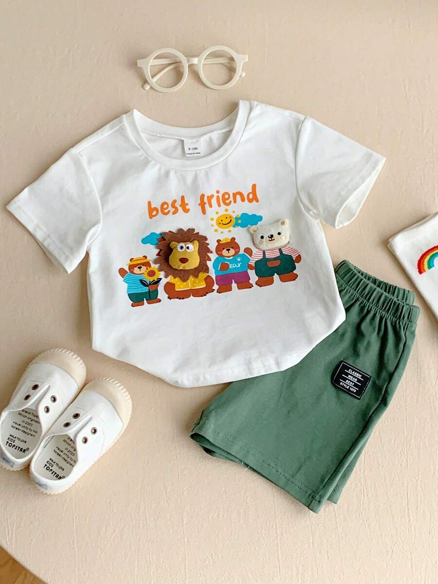 Baby Boy Animal Crayon Print T Shirt and Knitted Shorts 2 Piece Casual Spring Summer Outfit Set