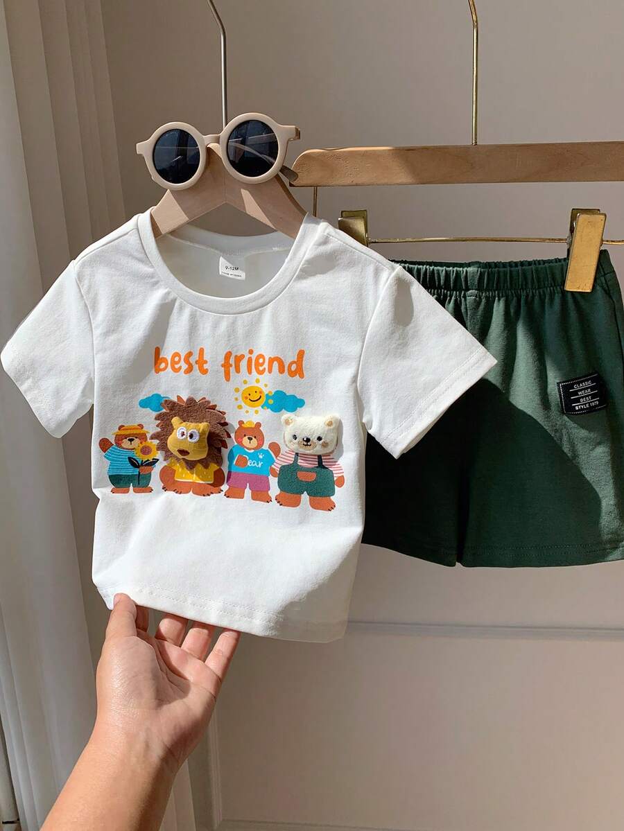 Baby Boy Animal Crayon Print T Shirt and Knitted Shorts 2 Piece Casual Spring Summer Outfit Set