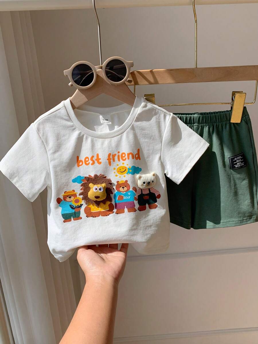 Baby Boy Animal Crayon Print T Shirt and Knitted Shorts 2 Piece Casual Spring Summer Outfit Set
