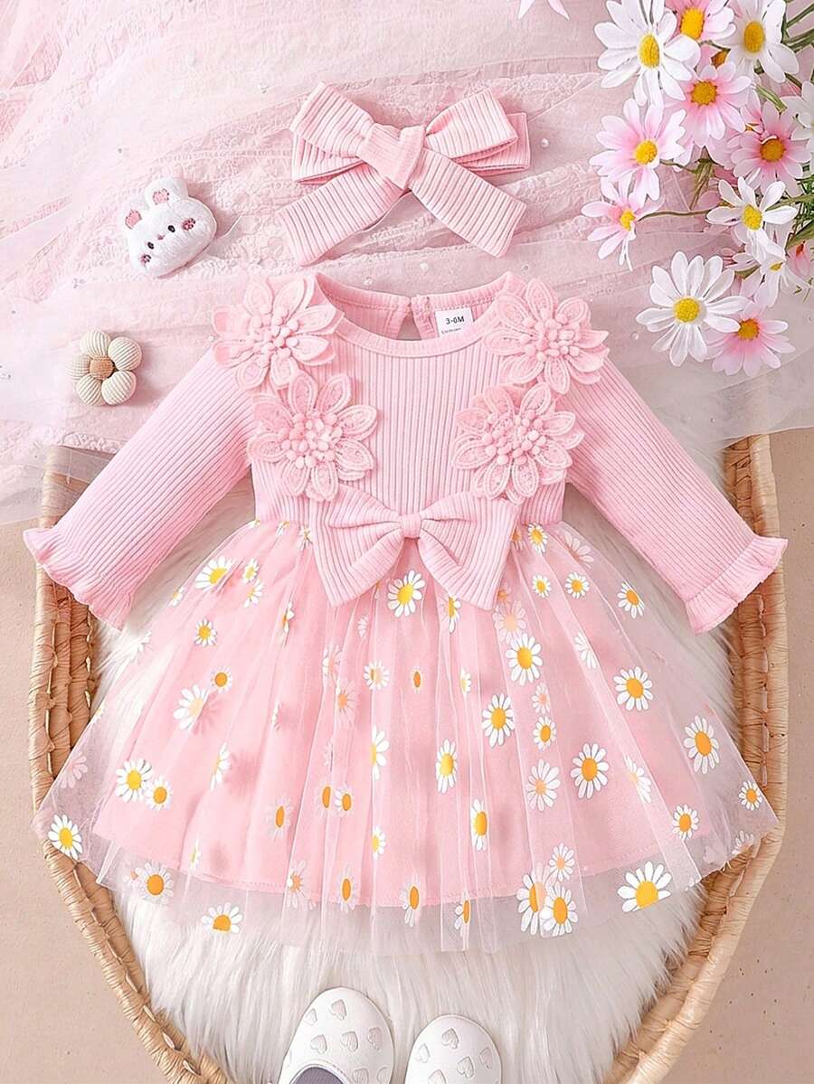 Baby Embroidered Mesh Dress and Headband Set for Elegant Outdoor Photoshoots and Special Occasions
