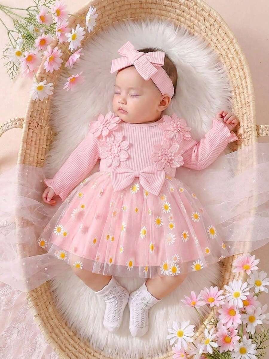 Baby Embroidered Mesh Dress and Headband Set for Elegant Outdoor Photoshoots and Special Occasions