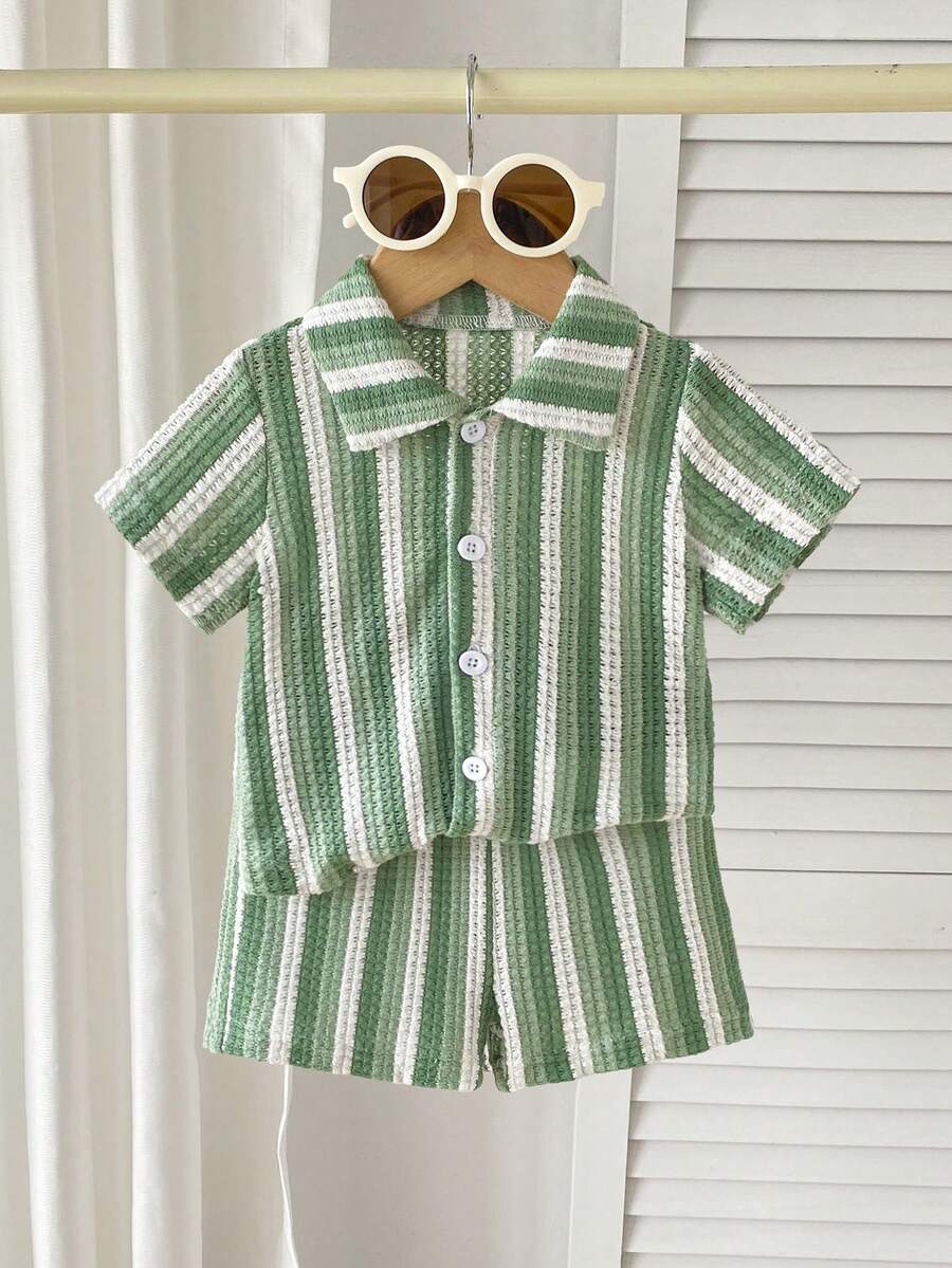 Infant Baby Boy Green White Striped Waffle Knit Polo Shirt and Shorts 2 Piece Casual Outfit Set