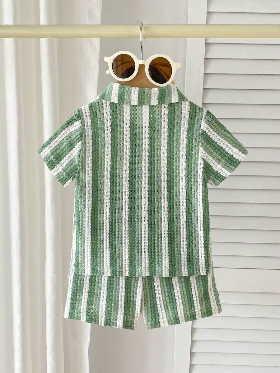 Infant Baby Boy Green White Striped Waffle Knit Polo Shirt and Shorts 2 Piece Casual Outfit Set