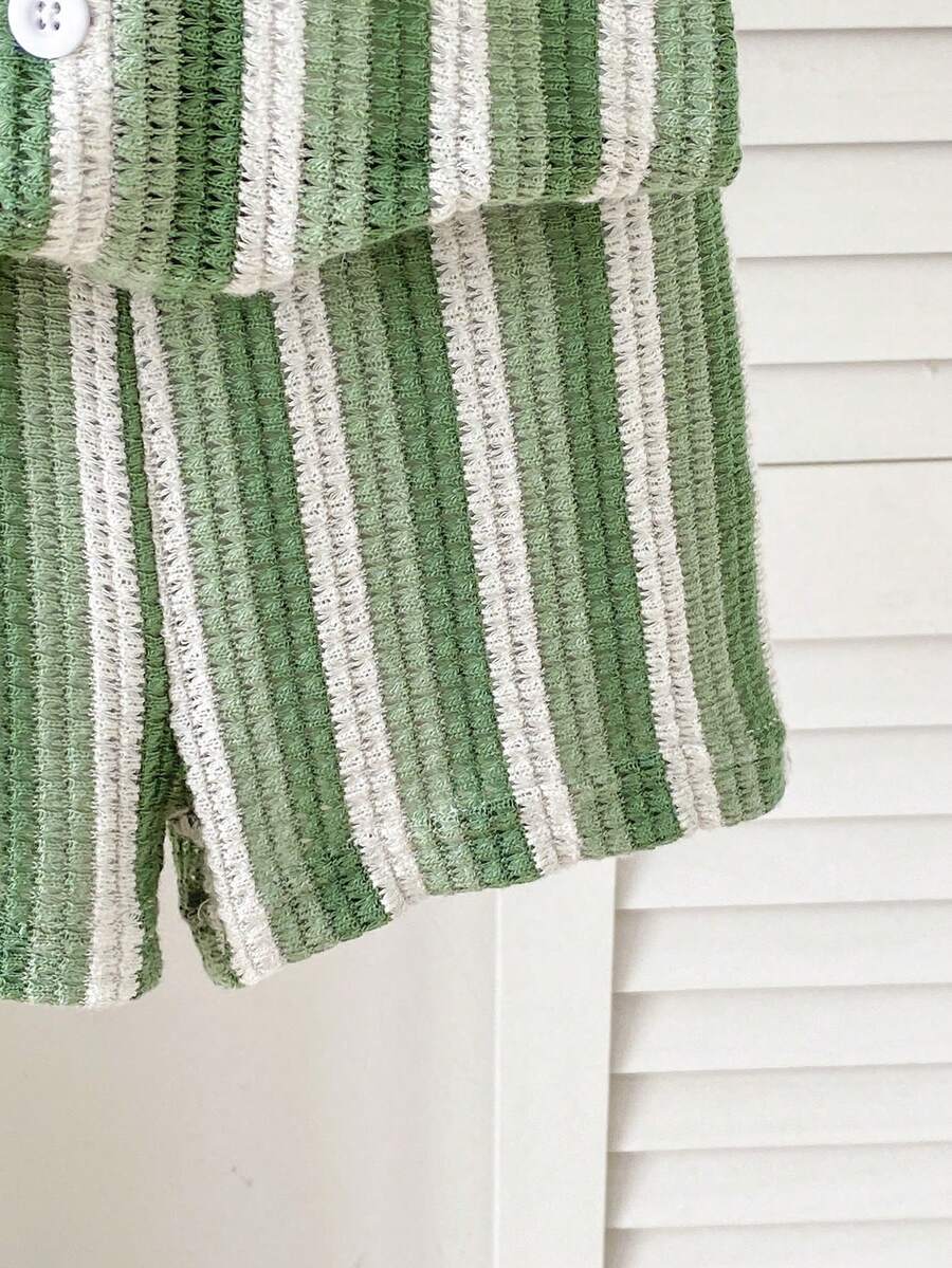 Infant Baby Boy Green White Striped Waffle Knit Polo Shirt and Shorts 2 Piece Casual Outfit Set