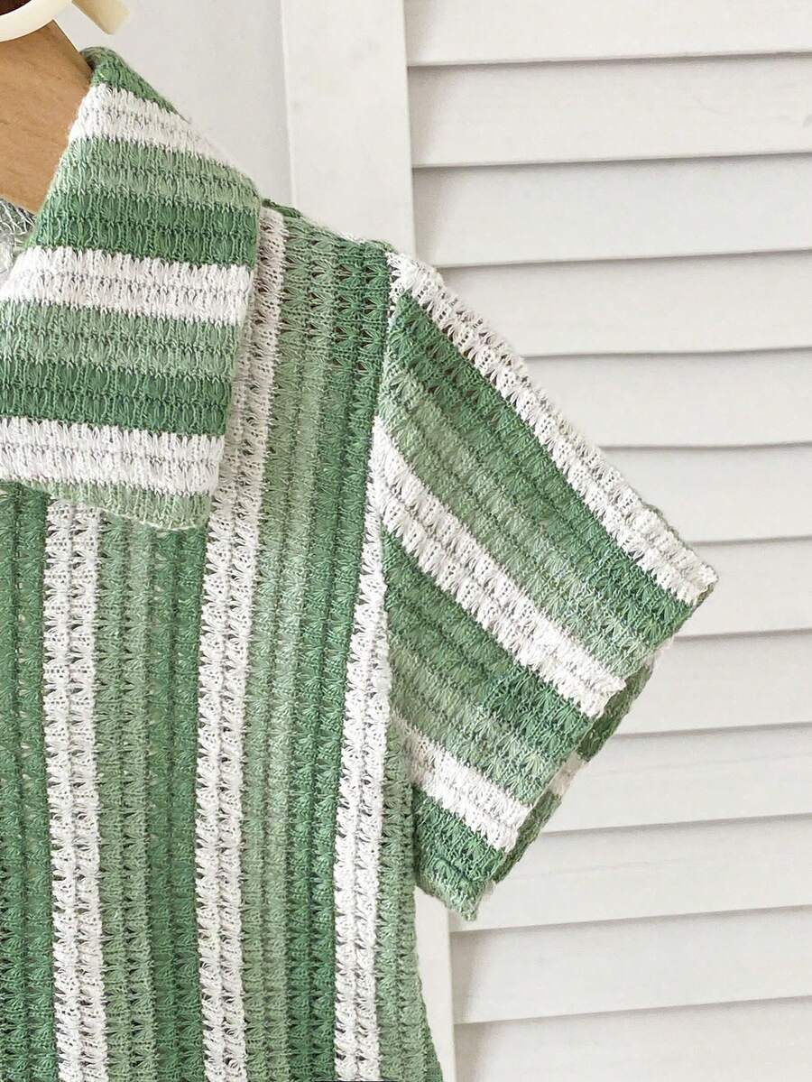 Infant Baby Boy Green White Striped Waffle Knit Polo Shirt and Shorts 2 Piece Casual Outfit Set