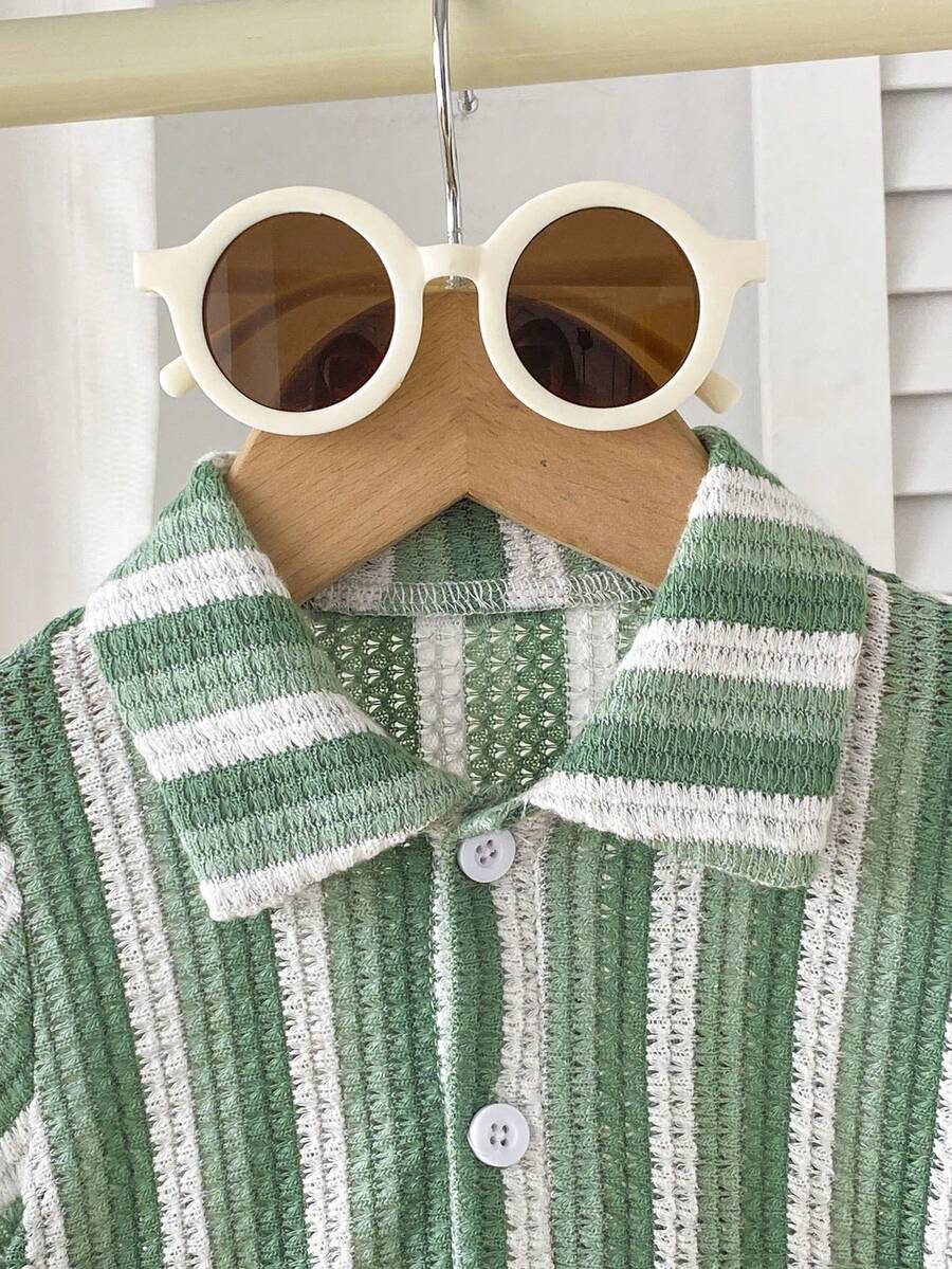 Infant Baby Boy Green White Striped Waffle Knit Polo Shirt and Shorts 2 Piece Casual Outfit Set