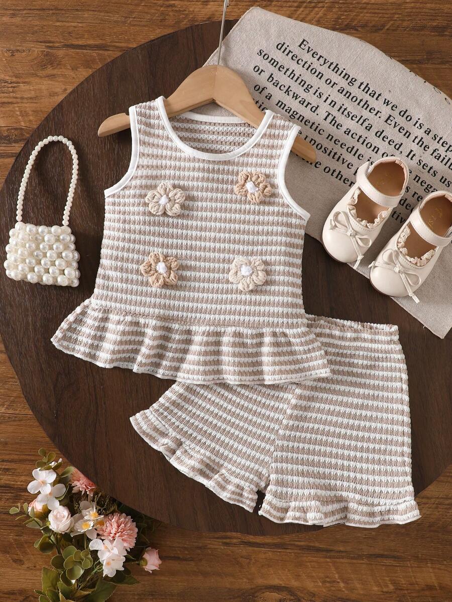 Two Piece Summer Clothing Set For Kids Girls Floral Knit Top And Shorts