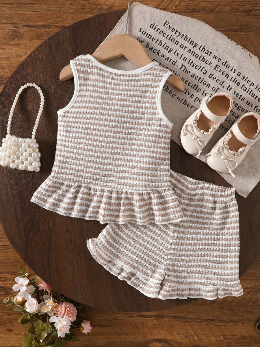 Two Piece Summer Clothing Set For Kids Girls Floral Knit Top And Shorts