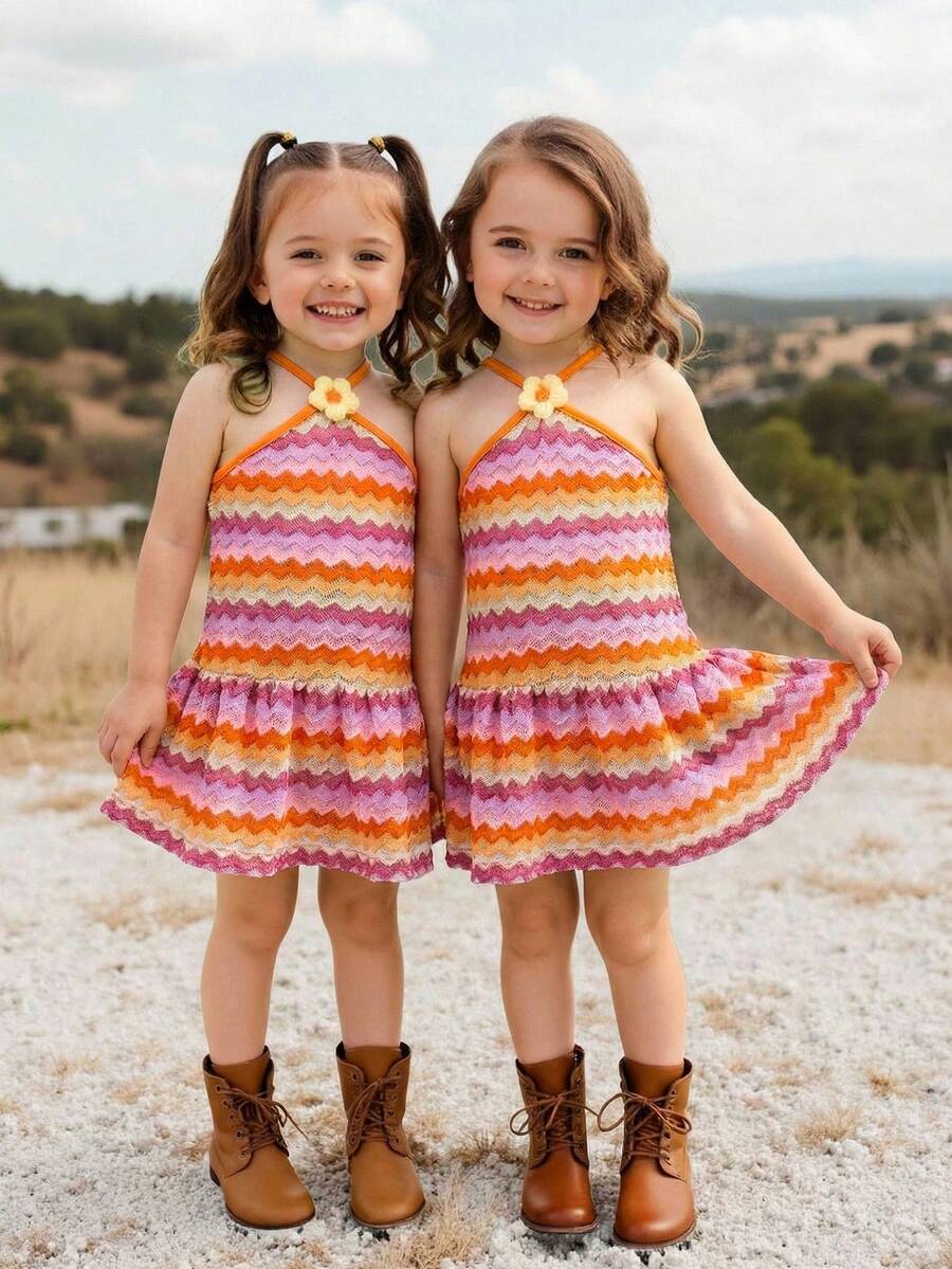 Striped Halter Dress With 3D Flower Detail Comfortable Summer Wear For Little Girls