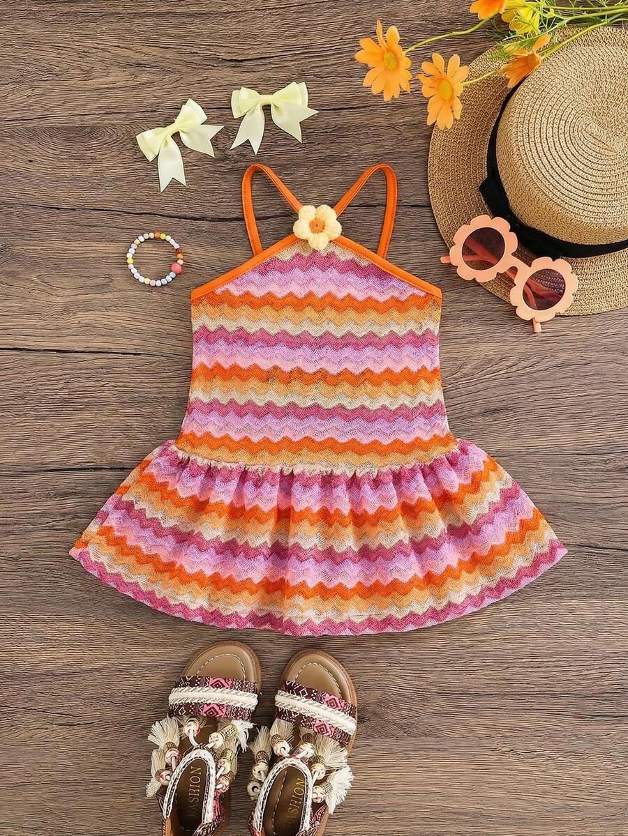 Striped Halter Dress With 3D Flower Detail Comfortable Summer Wear For Little Girls