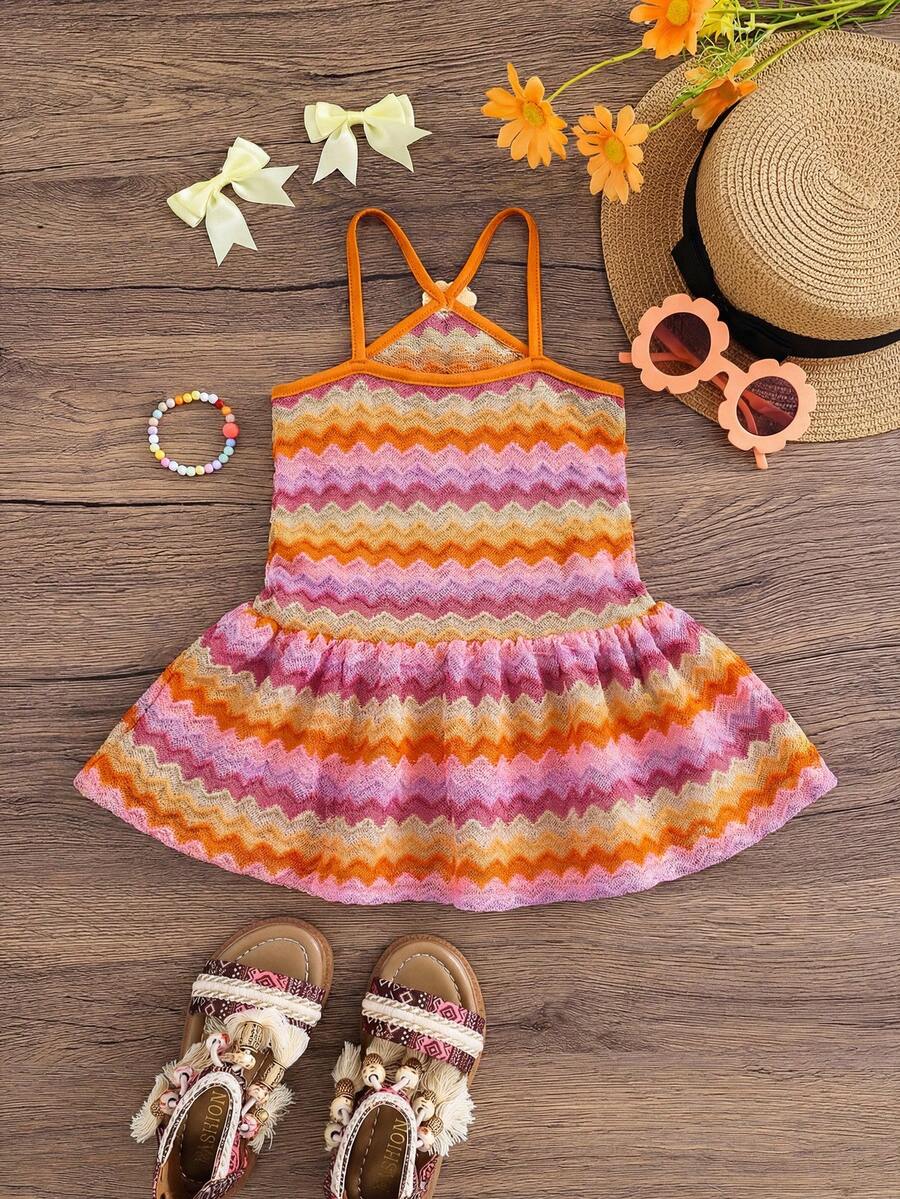 Striped Halter Dress With 3D Flower Detail Comfortable Summer Wear For Little Girls