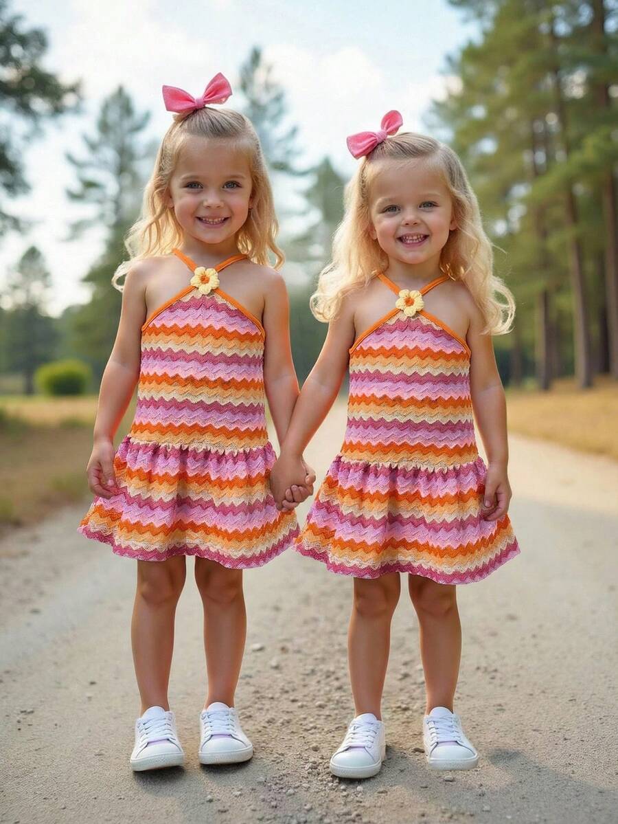 Striped Halter Dress With 3D Flower Detail Comfortable Summer Wear For Little Girls