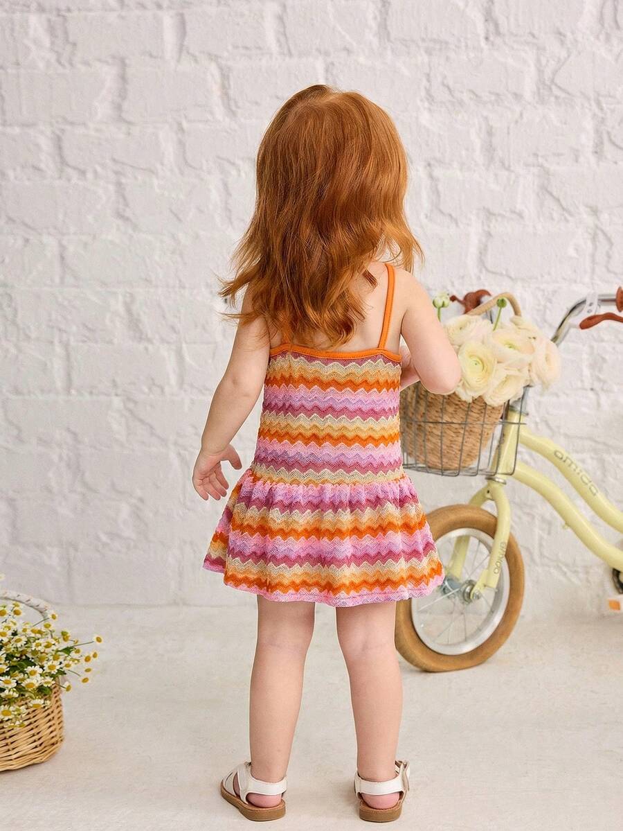 Striped Halter Dress With 3D Flower Detail Comfortable Summer Wear For Little Girls
