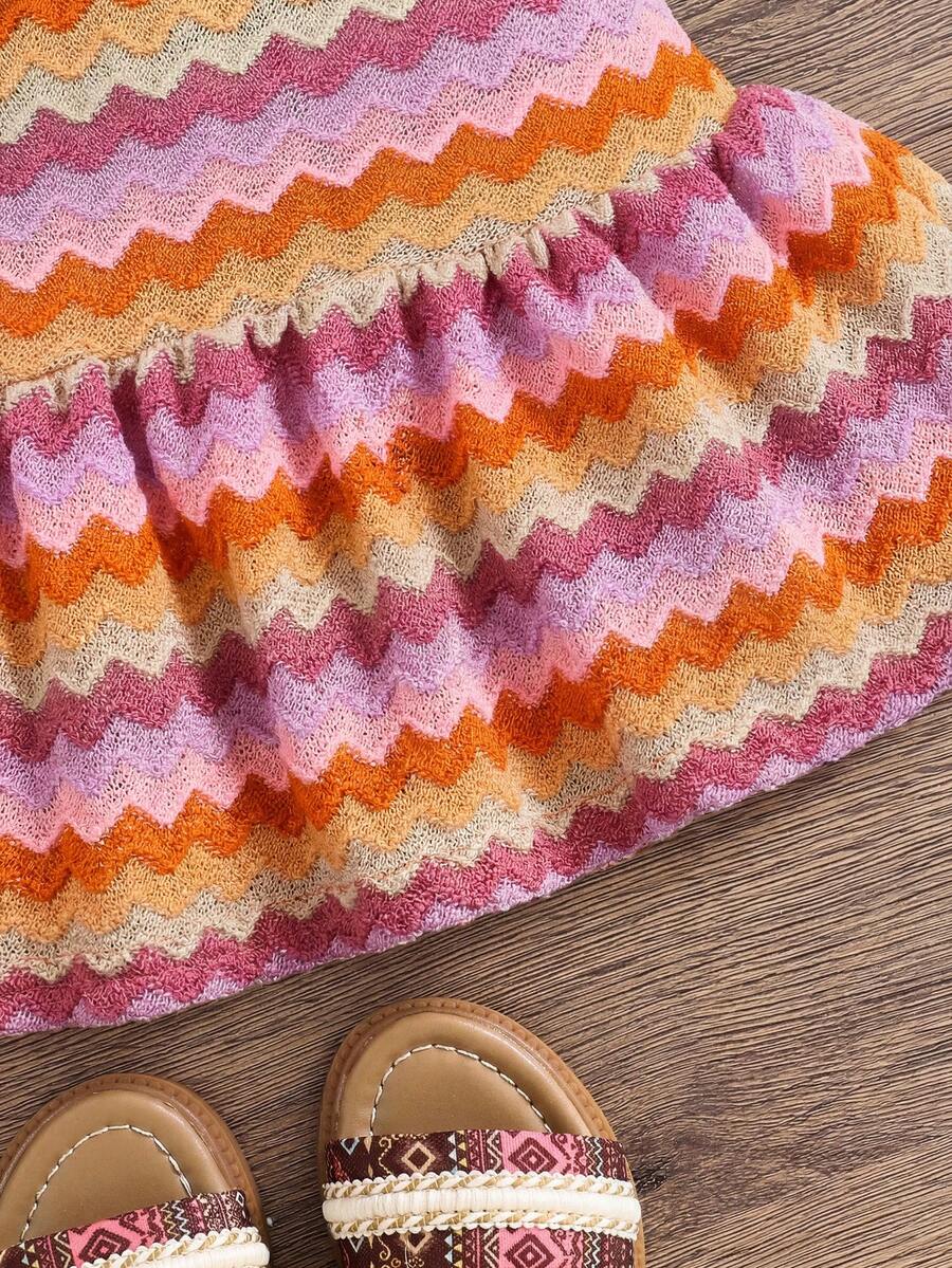 Striped Halter Dress With 3D Flower Detail Comfortable Summer Wear For Little Girls