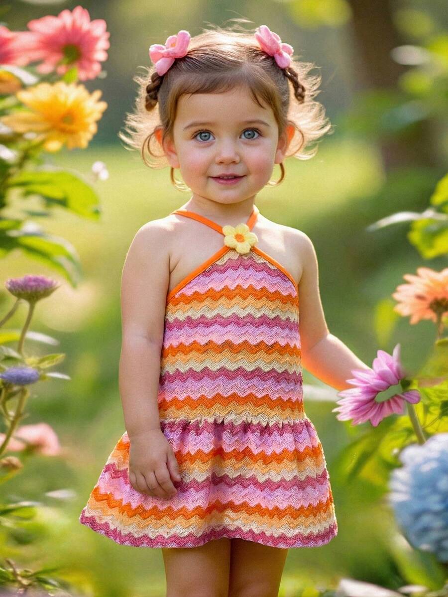 Striped Halter Dress With 3D Flower Detail Comfortable Summer Wear For Little Girls