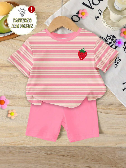 Sweet Strawberry Print T Shirt And Shorts Set For Toddler Girls