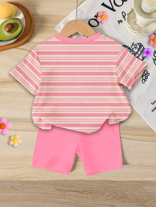 Sweet Strawberry Print T Shirt And Shorts Set For Toddler Girls