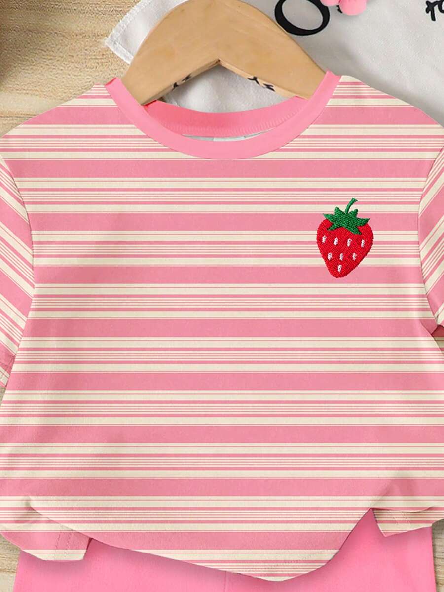 Sweet Strawberry Print T Shirt And Shorts Set For Toddler Girls