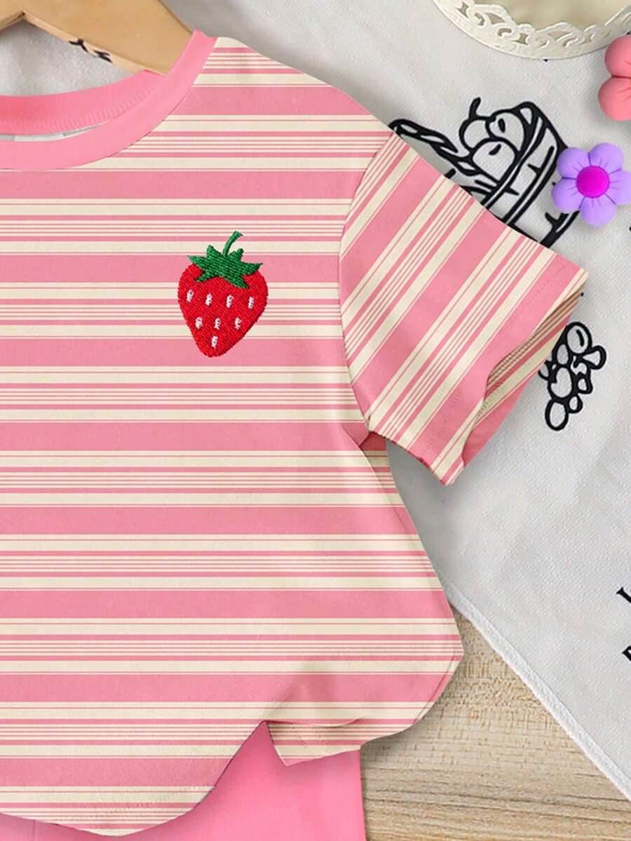 Sweet Strawberry Print T Shirt And Shorts Set For Toddler Girls