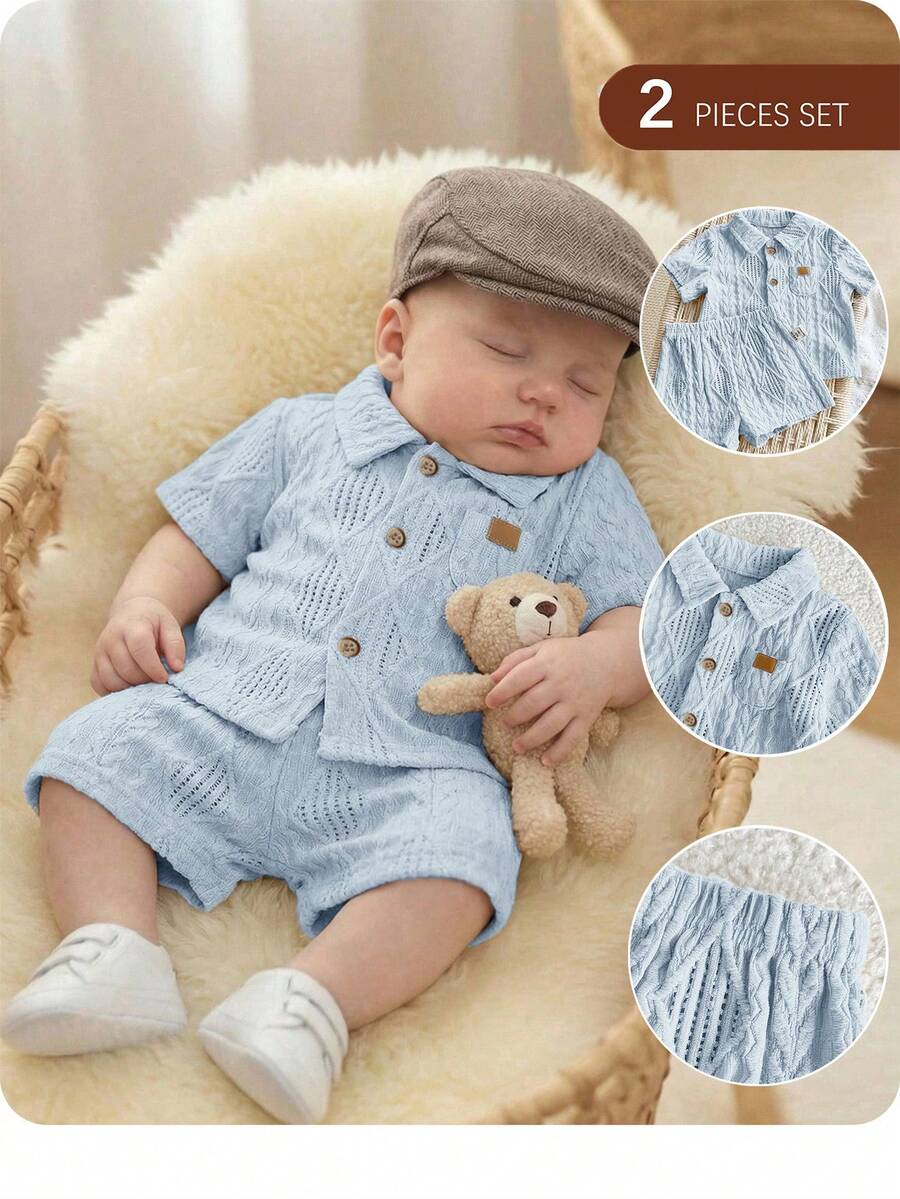 Baby Boy 2pcs Knit Jacquard Summer Set - Short Sleeve Shirt & Elastic Shorts