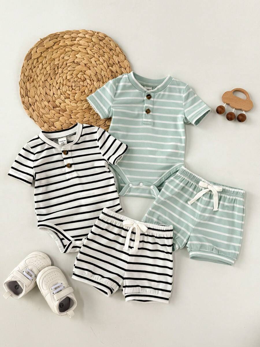 Striped Bodysuit and Shorts 4 Piece Outfit Set for Cute Summer Daily Wear