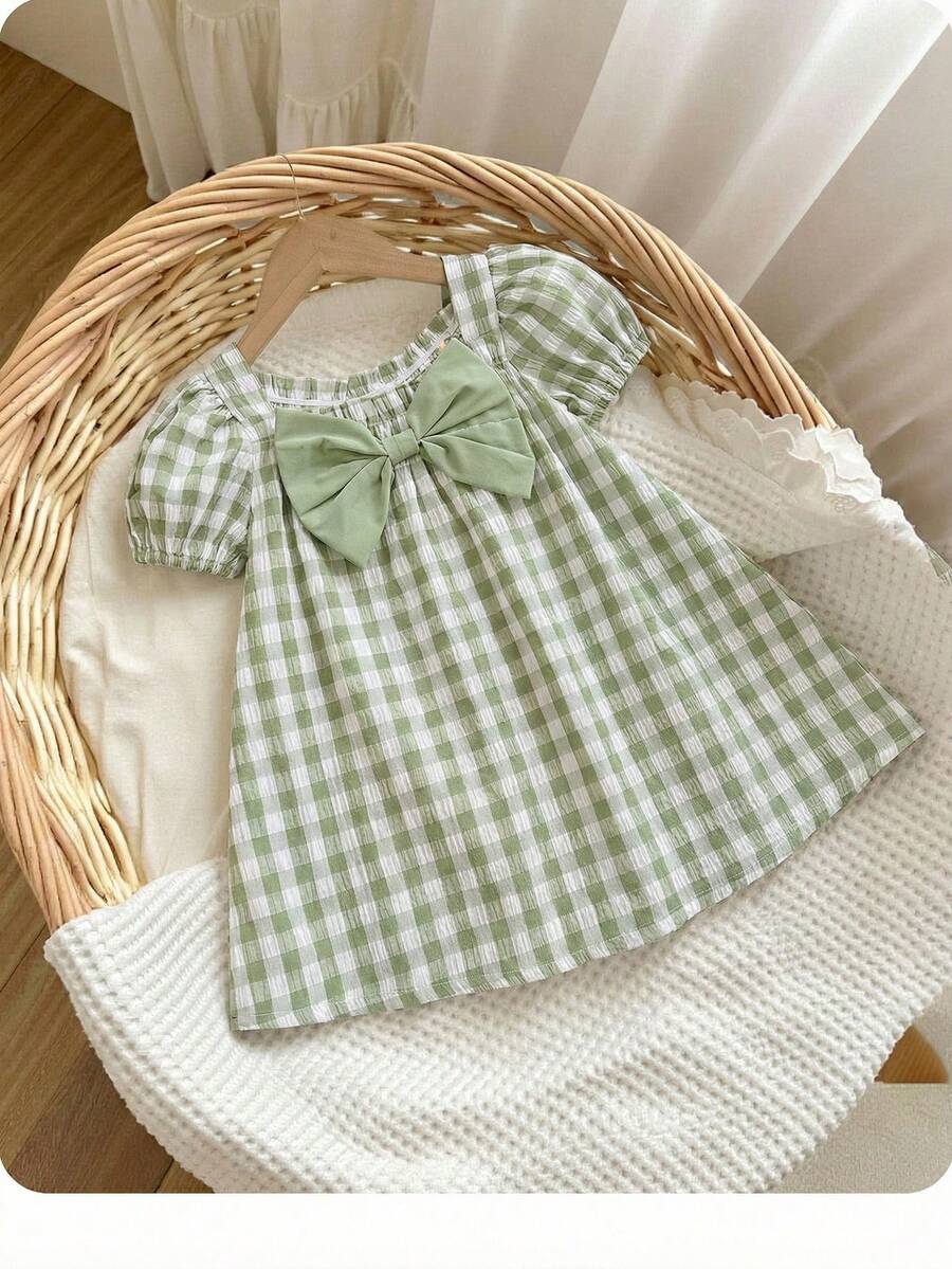 Baby Girl Plaid Bow Detail Short Sleeve Dress Cute Summer Vacation Outfit