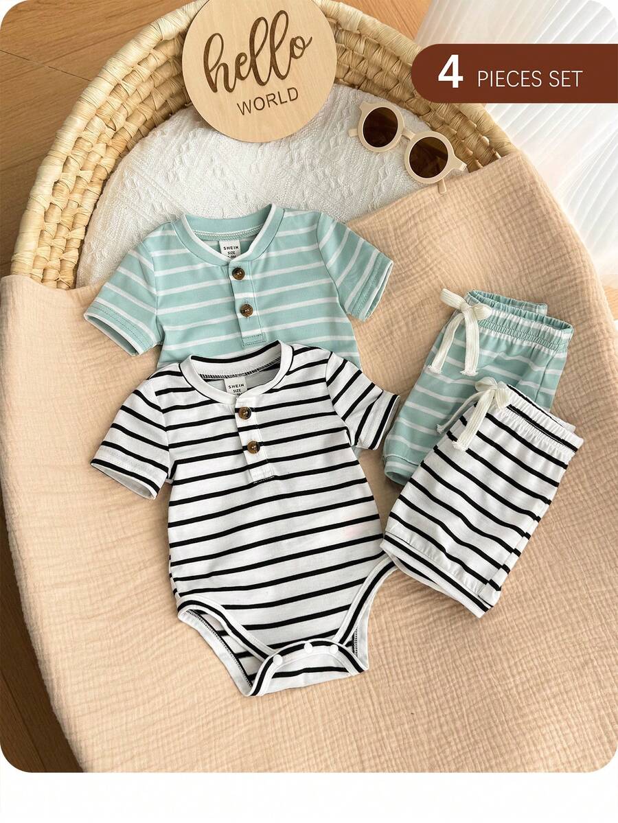 Striped Bodysuit and Shorts 4 Piece Outfit Set for Cute Summer Daily Wear