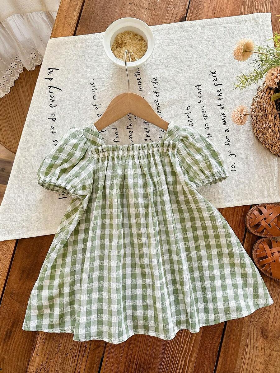 Baby Girl Plaid Bow Detail Short Sleeve Dress Cute Summer Vacation Outfit
